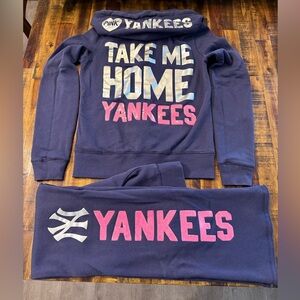 PINK YANKEES sweat suit set loose fit sz small navy blue pink